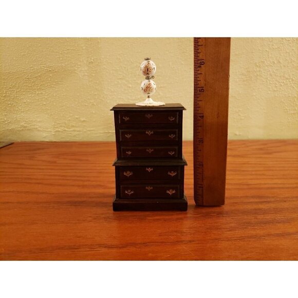 Vintage Miniature Dollhouse Furniture Chest of Drawers Hand Painted Lamp Doily - Picture 5 of 7